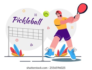 Pickleball Game Sport Illustration featuring Pickleball Players with Rackets, Paddles, and a Court for Sports Activities and Matches in a Background