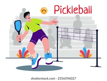 Pickleball Game Sport Illustration featuring Pickleball Players with Rackets, Paddles, and a Court for Sports Activities and Matches in a Background