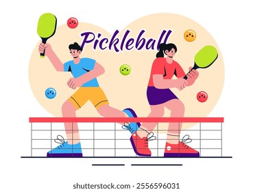 Pickleball Game Sport Illustration featuring Pickleball Players with Rackets, Paddles, and a Court for Sports Activities and Matches in a Background