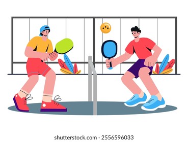 Pickleball Game Sport Illustration featuring Pickleball Players with Rackets, Paddles, and a Court for Sports Activities and Matches in a Background