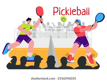 Pickleball Game Sport Illustration featuring Pickleball Players with Rackets, Paddles, and a Court for Sports Activities and Matches in a Background