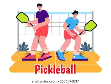 Pickleball Game Sport Illustration featuring Pickleball Players with Rackets, Paddles, and a Court for Sports Activities and Matches in a Background