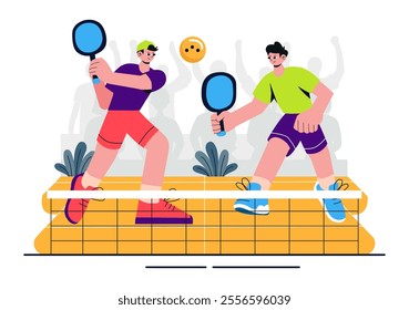 Pickleball Game Sport Illustration featuring Pickleball Players with Rackets, Paddles, and a Court for Sports Activities and Matches in a Background