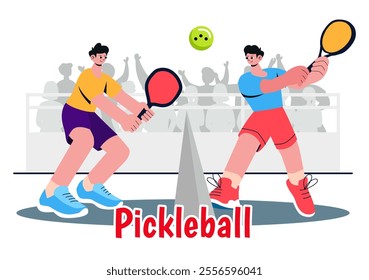 Pickleball Game Sport Illustration featuring Pickleball Players with Rackets, Paddles, and a Court for Sports Activities and Matches in a Background