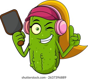 Pickleball Girl Cartoon Character Wearing Headphones and Holding Paddle While Winking – Vector Hand Drawn Illustration Isolated On Transparent Background