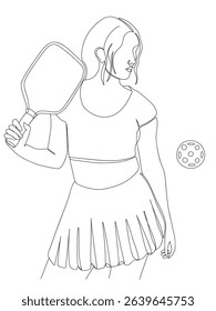 Pickleball girl line drawing, stylish female player with paddle. Perfect for coloring pages, sports education materials, or pickleball-themed designs.