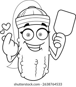 Pickleball Girl Mascot Character Showing Love Gesture With Paddle – Black And White Vector Hand Drawn Illustration Isolated On Transparent Background