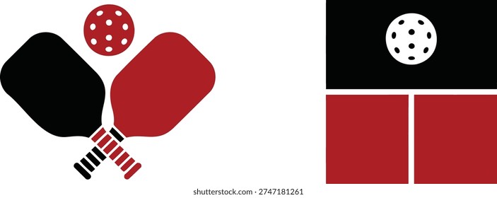 Pickleball graphic design features crossed black and red paddles with a matching perforated ball above them and a separate rectangular emblem element beside them.