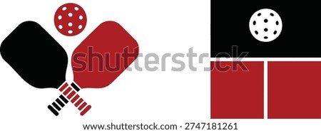 Pickleball graphic design features crossed black and red paddles with a matching perforated ball above them and a separate rectangular emblem element beside them.