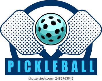 PickleBall Graphic Design Logo With Crossed Paddles And Ball. Vector Hand Drawn Illustration Isolated On Transparent Background