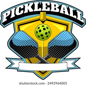 Logotipo De Diseño gráfico PickleBall Con Paletas Y Bola Cruzadas. Vector Dibujado A Mano Ilustración Aislado Sobre Fondo Transparente