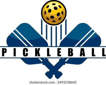 PickleBall Graphic Design Logo With Crossed Paddles And Ball. Vector Hand Drawn Illustration Isolated On Transparent Background