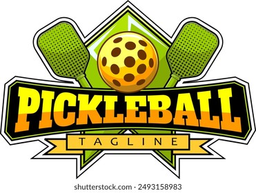 PickleBall Graphic Design Logo With Crossed Paddles And Ball. Vector Hand Drawn Illustration Isolated On Transparent Background