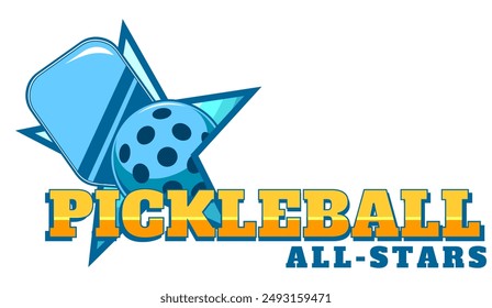 PickleBall Graphic Design Logo With Paddle And Ball. Vector Hand Drawn Illustration Isolated On Transparent Background