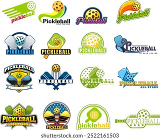 Diseños de logotipo gráfico de PickleBall. Conjunto de Colección dibujado a mano de Vector aislado sobre fondo transparente