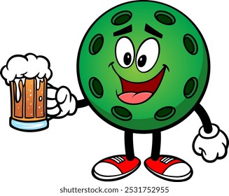 Pickleball Green Ball with Beer, Hand Drawn Vector illustration, Isolated On Transparent Background
