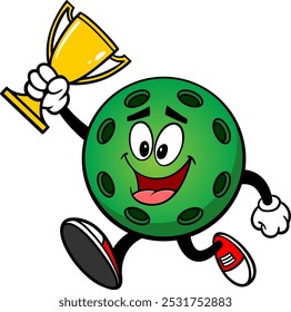 Pickleball Green Ball Run with Trophy, Hand Drawn Vector illustration, Isolated On Transparent Background
