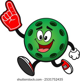 Pickleball Green Ball Running with Foam Finger, Hand Drawn Vector illustration, Isolated On Transparent Background
