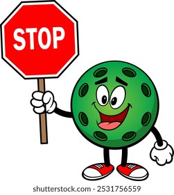 Pickleball Green Ball W Stop Sign, Hand Drawn Vector illustration, Isolated On Transparent Background
