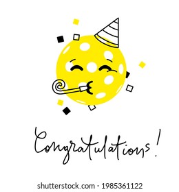 Pickleball greeting card -  smile ball face and congratulation lettering. Vector illustration