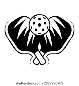 Pickleball Icon. Black and White Vector Illustration of with two pickleball paddles and Ball for Sports Enthusiasts.