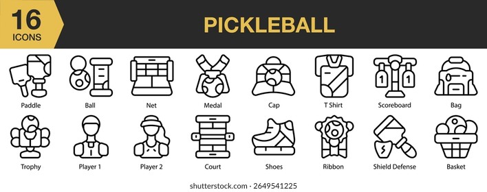 Pickleball icon set. Includes game, sport, pickleball, ball, racket, and More. Outline icons vector collection.