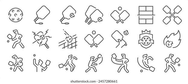 Pickleball icon set. It includes Racquet sport, Paddlesport, court, game, tournament, and more icons. Editable Vector Stroke.