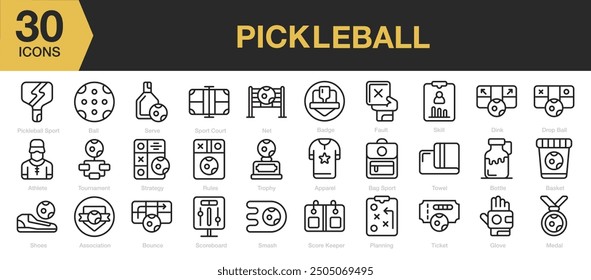 Conjuntos de iconos de pelota. Incluye pelota, saque, atleta, cancha deportiva, red, insignia, deporte de pickleball y más. Colección de Vector de iconos de contorno.