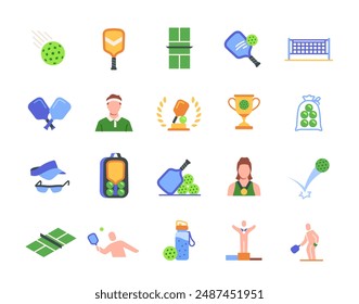 Pickleball icons set. Symbols with game ball and net, racquet and tournament court, athlete and sports equipment. Design element for app. Flat vector illustration collection isolated on background