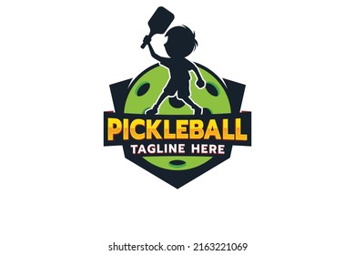 Pickleball Kids Emblem Logo With A Silhouette Of A Boy Playing Pickleball.