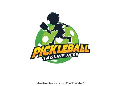 pickleball kids logo with a silhouette of a boy playing pickleball.