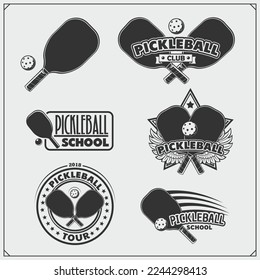 Pickleball labels, emblems, badges, design elements. Black and white.