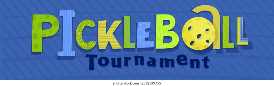 Pickleball landscape print with creative lettering in modern minimalistic style. Colourful banner. Trendy game poster. Active lifestyle. Editable vector illustration in blue, yellow, green colors