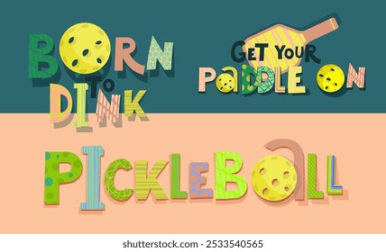 Estampado de paisaje Pickleball con letras creativas en estilo minimalista moderno. Anuncio colorido. Afiche de juego de moda. Estilo de vida activo. Ilustración vectorial editable en colores azul, amarillo, verde