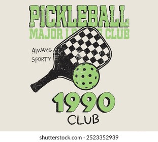 Pickleball league graphic print design. Sport logo. College font. Racket tournament. Tennis college league. Vintage artwork for sportswear. Pickleball club vector t-shirt design.