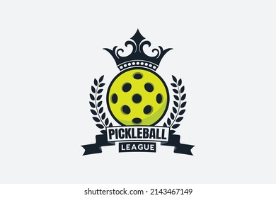 pickleball league logo with a ball, crown, and ribbon.