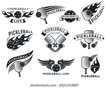 Pickleball life sport game playing club retro groovy black monochrome icon set vector flat illustration. Recreation gaming hobby sportive tournament emblem with racket ball and fire decorative element