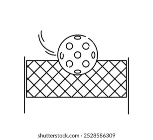 Ícone da linha do Pickleball. Bola para remo com rede. Equipamento desportivo para tênis. Processo de serviço. Jogo e partida, evento esportivo. Ilustração do vetor de contorno isolada no plano de fundo branco