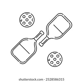 Pickleball line icon. Rackets for paddle with balls. Sport equipment for tennis. Branding and identity. Emblem and logotype. Outline vector illustration isolated on white background