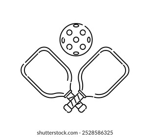 Icono de la línea de Pickleball. Raquetas para pádel con pelota. Equipamiento deportivo para tenis. Emblema para liga deportiva y torneo. Ilustración vectorial de contorno aislado sobre fondo blanco