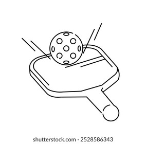 Ícone da linha do Pickleball. Raquetas para bola de pás. Equipamento desportivo para tênis. Servindo de bola. Jogo recreativo. Ilustração do vetor de contorno isolada no plano de fundo branco