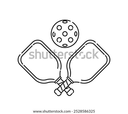 Pickleball line icon. Rackets for paddle with ball. Sport equipment for tennis. Emblem for sportive league and tournament. Outline vector illustration isolated on white background