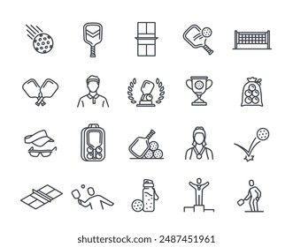 Pickleball line icons set. Symbols with racquet, paddles, athletes in uniform and court for paddlesport tournament. Editable stroke. Outline vector illustration collection isolated on white background