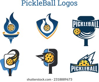 Pickleball logo in blue and orange. E sports gaming style logo showing a powerful shot. pickle ball sports club symbol or clipart design collection. printable stickers.