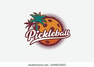 logo de pickleball con una combinación de una bola, cocoteros y letras hermosas en estilo vintage con efecto de semitono.