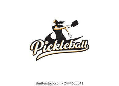 pickleball logo with a combination of a female pickleball player, swoosh and beautiful lettering. This logo is suitable for communities, clubs, training, etc.