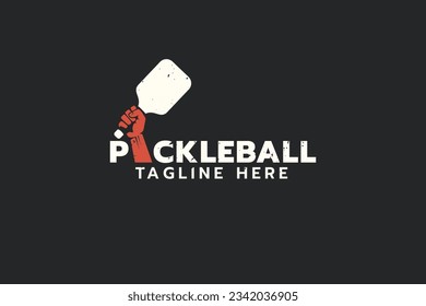 pickleball logo with a combination of a hand holding a paddle as the letter i in pickleball. Great for logos, t-shirts, stickers, etc.