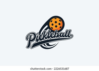 pickleball logo with a combination of lettering and moving pickleball