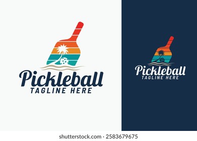 pickleball logo with a combination of a racket, ball, coconut tree, and beach scene. It's great for club logos, websites, t-shirts, etc.