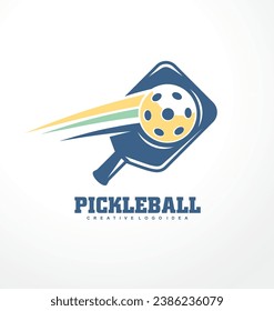 Pickleball logo design idea with racket and ball. Creative sports symbol for pickleball club. Vector illustration.